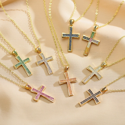 Fashion Copper Cross Pendant Necklace Gold Plated Micro-set Colorful Rhinestone Inlaid O-Chain Jewelry For Women Trend Gift
