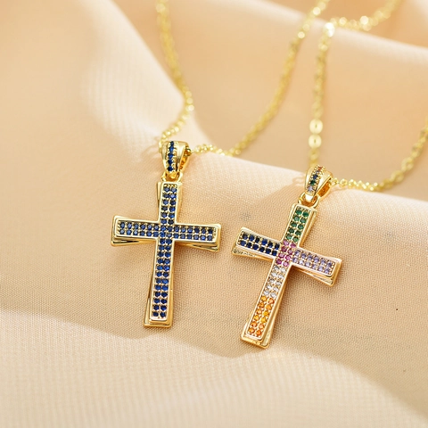 Fashion Copper Cross Pendant Necklace Gold Plated Micro-set Colorful Rhinestone Inlaid O-Chain Jewelry For Women Trend Gift