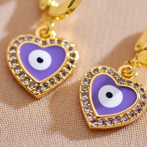 Gold Plated Copper Evil Eye Drop Earrings For Women Luxury Enamel Heart Hamsa Hand Fish Zirconia Hoop Earrings Jewelry
