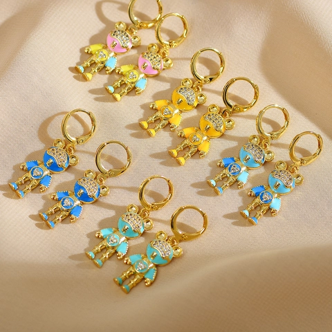 Boucles d'oreilles Pendantes en Cuivre Plaqué Or Zirconia Mignon Ours Astronaute Pour Femmes Bijoux Créoles Émail Coloré Animal Cadeau
