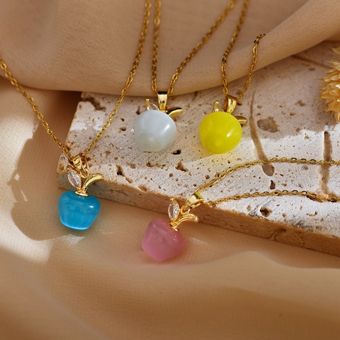 Sweet Opal Apple Pendant Necklace For Women Gold Plated Copper Zirconia Leaf Inlaid Fashion Jewelry Candy Color Clavicle Chain