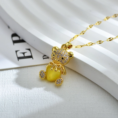 Collar con Colgante de Oso de Corazón de Circonia de Acero de Titanio de Moda para Mujer Chapado en Oro Micro Incrustado Circonia Colorida Joyería de Cadena Versátil