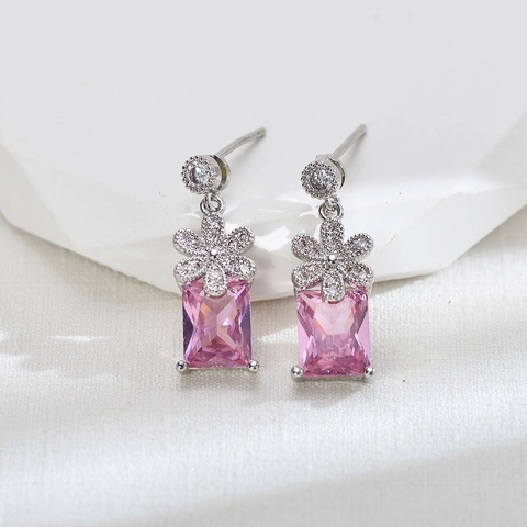 Strik Bloem Roze Rechthoekige Strass Hanger Halsketting Oorbellen Set Koper Elegant Zoet Sieraden Voor Vrouwen Feest Dagelijks Accessoire