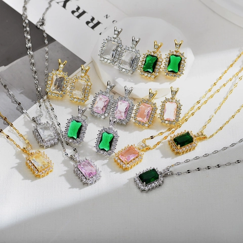 Elegant Copper Rhinestone Geometric Necklace Earrings Rectangular Inlaid Jewelry Set Gold Silver Plated For Women Wedding Party