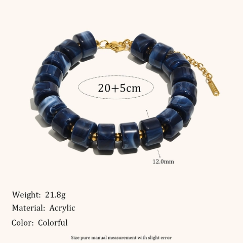 Retro Stainless Steel Gold Plated Marble Acrylic Cylindrical Bead Necklace Bracelet Fashion Jewelry Set For Women