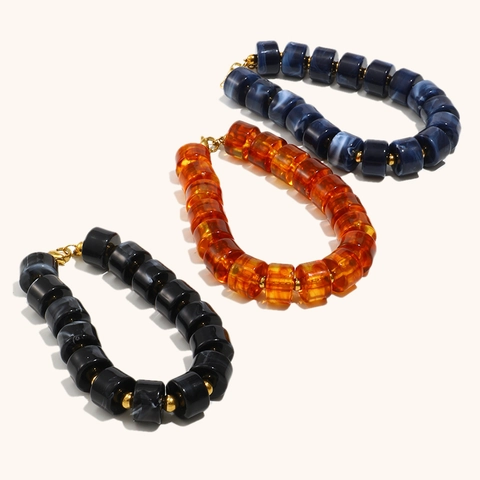 Retro Stainless Steel Gold Plated Marble Acrylic Cylindrical Bead Necklace Bracelet Fashion Jewelry Set For Women