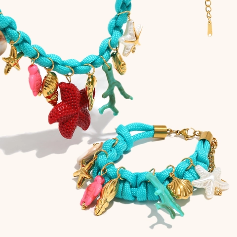 Ocean Theme Woven Rope Necklace Bracelet Set Gold Plated Stainless Steel Starfish Shell Turtle Charm Jewelry For Women