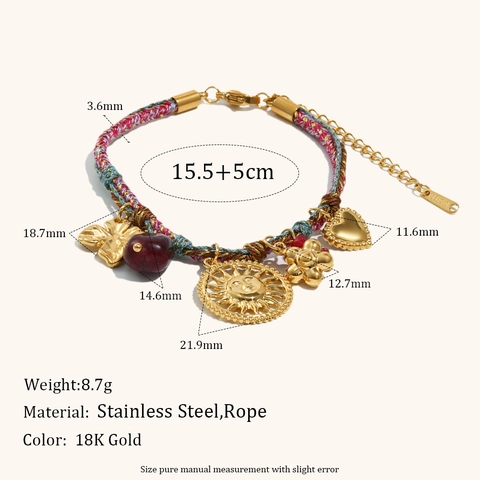 Bohemian Stainless Steel Colorful Cotton Rope Necklace Bracelet Sun Face Heart Pendant 18K Gold Plated Vintage Jewelry For Women