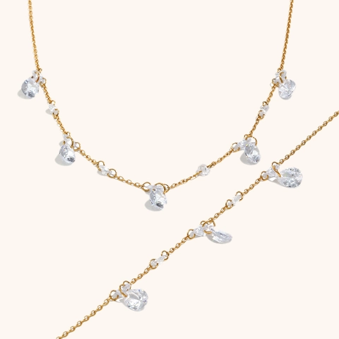 18K Gold Plated Stainless Steel Zircon Necklace Elegant Teardrop Cubic Zirconia Dangle Bracelet For Women Fashion Jewelry