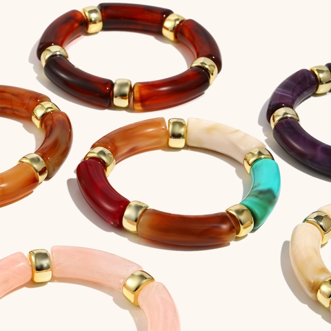 Retro Acrylic Resin Bamboo Tube Stretch Bracelet Women Leopard Tortoise Shell Geometric Bangle With Gold Metal Spacers Jewelry