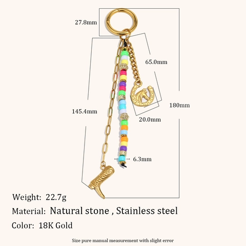 Western Style Stainless Steel 18K Gold Plated Cowboy Boot Horseshoe Horse Head Multicolor Natural Stone Bead Keychain Bag Charm