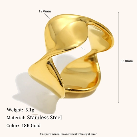 Moderno Anello in Acciaio Inossidabile a Onda Geometrica Placcato Oro 18K Minimalista Infinito Twist Fascia Larga per Donna Gioielli