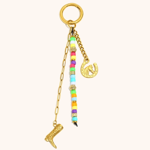 Western Style Stainless Steel 18K Gold Plated Cowboy Boot Horseshoe Horse Head Multicolor Natural Stone Bead Keychain Bag Charm