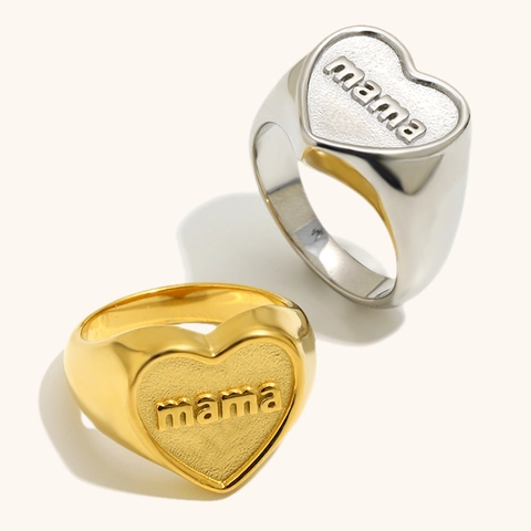 Anello Sigillo a Cuore in Acciaio Inossidabile Con Lettera Mama in Rilievo Placcato Oro Argento Anello Alla Moda Donna Gioielli