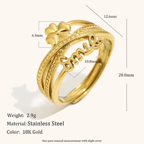 Stainless Steel 18K Gold Plated Adjustable Open Ring For Women Heart Clover Smile Engraved Fashion Finger Ring Jewelry