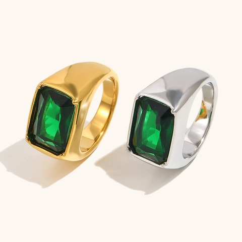 Vintage Stainless Steel Emerald Cut Green Zircon Square Ring 18K Gold Plated Rectangle Gem Signet Ring For Women Party Jewelry