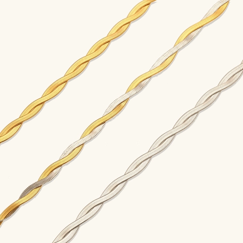 Vintage Stainless Steel Twisted Herringbone Chain Necklace For Women Gold Silver Two Tone Double Flat Snake Chain Jewelry