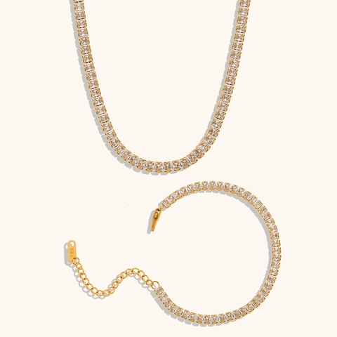 Luxueux Collier Bracelet de Tennis en Acier Inoxydable Plaqué Or 18K Zirconia Carré pour Femmes Bijoux de Mode