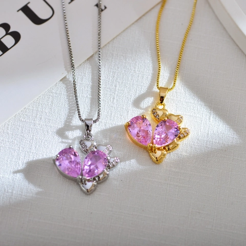 Collar Con Colgante de Corazón de Cobre y Strass Rosa de Lujo para Mujer Chapado en Oro y Plata Cadena de Caja Joyería Elegante