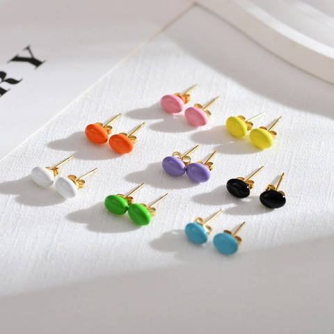 Simple Oval Copper Stud Earrings For Women Minimalist Candy Colored Enamel Look Inlaid Rhinestone Daily Jewelry Gift
