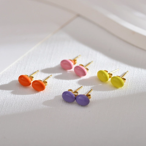 Simple Oval Copper Stud Earrings For Women Minimalist Candy Colored Enamel Look Inlaid Rhinestone Daily Jewelry Gift