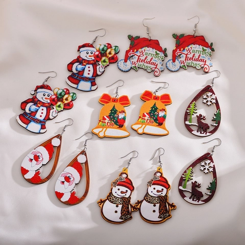 Christmas Wooden Dangle Earrings For Women Cute Snowman Santa Claus Bell Tree Printed Wood Holiday Party Jewelry Gift