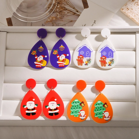Boucles d'Oreilles Goutte d'Eau en Acrylique de Noël Dessin Animé Père Noël Ours Impression Festive Bijoux pour Femmes