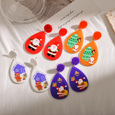 Boucles d'Oreilles Goutte d'Eau en Acrylique de Noël Dessin Animé Père Noël Ours Impression Festive Bijoux pour Femmes
