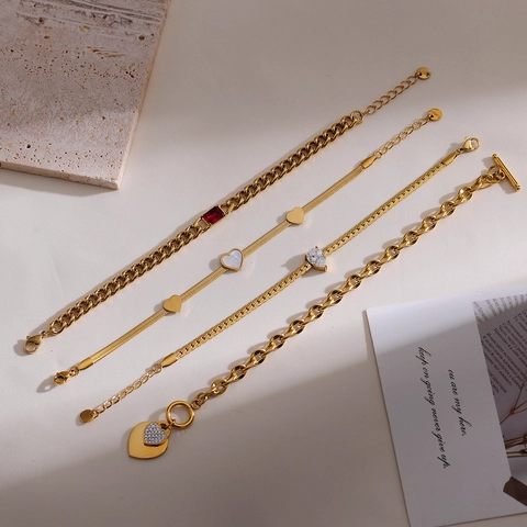 French Vintage Stainless Steel Heart Bracelet Gold Plated Snake Cuban Chain Rhinestone Shell Fashion Jewelry For Women