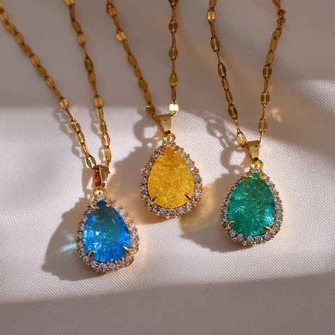 Vintage Vergulde Koperen Waterdruppel Hanger Halsketting Voor Dames Elegante Zirkonia Kristal Halo Sleutelbeen Ketting Sieraden
