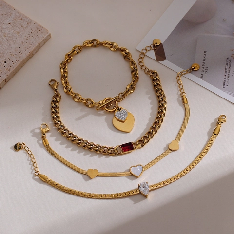 French Vintage Stainless Steel Heart Bracelet Gold Plated Snake Cuban Chain Rhinestone Shell Fashion Jewelry For Women