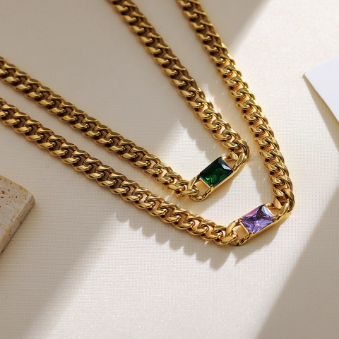 Retro Quadratisch Farbig Strass Anhänger Halskette Edelstahl Panzerkette Verstellbare Schlüsselbeinkette Damen Schmuck