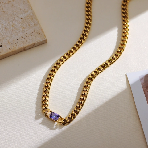 Retro Quadratisch Farbig Strass Anhänger Halskette Edelstahl Panzerkette Verstellbare Schlüsselbeinkette Damen Schmuck