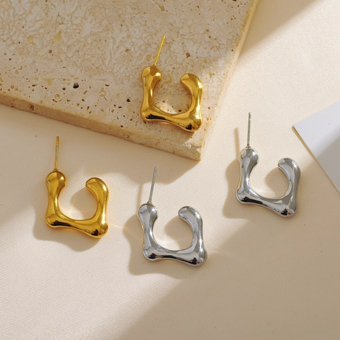 Vintage Unregelmäßige Geometrische Edelstahl Creolen Flüssiges Lava Metall Minimalistisch Gold Silber Plattiert Mode Schmuck Für Damen