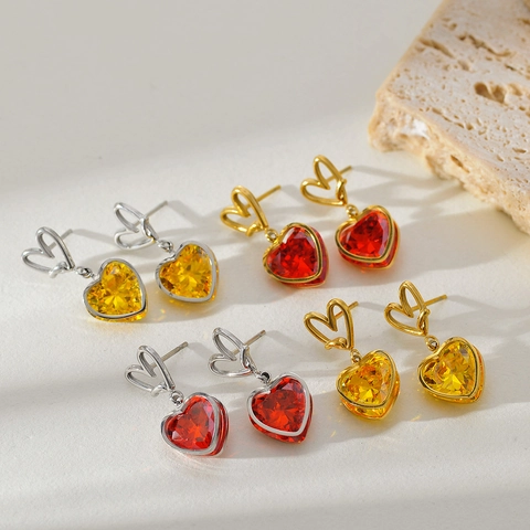 Orecchini Pendenti a Forma di Cuore in Acciaio Inossidabile Lusso Francese per Donna Vintage Oro Argento Strass Zirconia Cuore