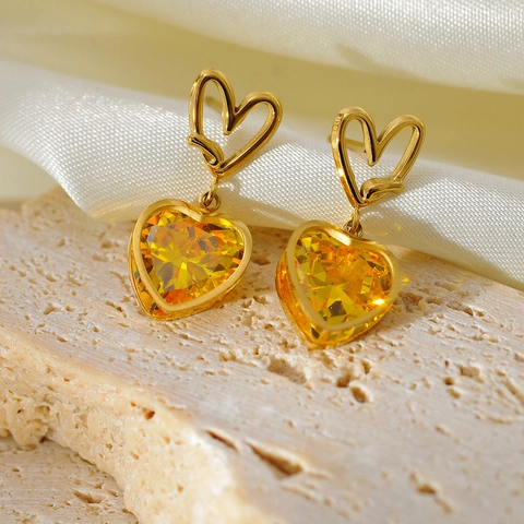 Orecchini Pendenti a Forma di Cuore in Acciaio Inossidabile Lusso Francese per Donna Vintage Oro Argento Strass Zirconia Cuore