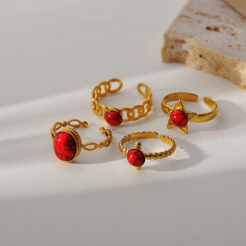 Vintage Stainless Steel Open Ring For Women Red Stone Inlaid Gold Plated Adjustable Star Chain Twist Texture Bohemian Jewelry