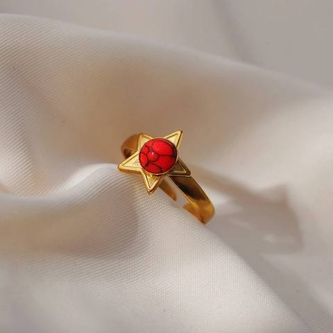 Vintage Stainless Steel Open Ring For Women Red Stone Inlaid Gold Plated Adjustable Star Chain Twist Texture Bohemian Jewelry
