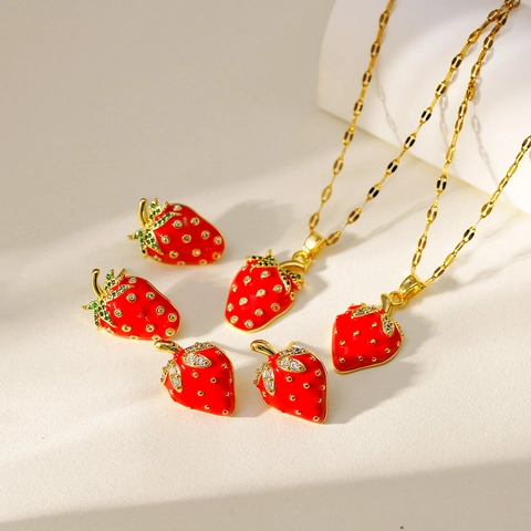 Sweet Red Strawberry Enamel Jewelry Set For Women Dainty Fruit Pendant Necklace And Stud Earrings With Zirconia Leaf Embellishment