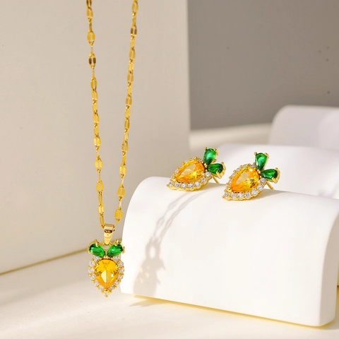Cute Carrot Pineapple Fruit Pendant Necklace Stud Earrings Copper Gold Plated Rhinestone Jewelry Set For Women Girls Casual Gift