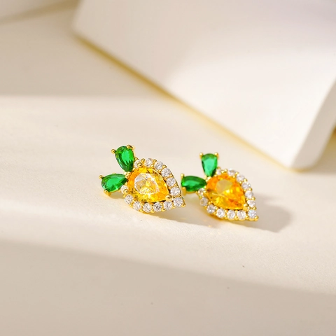 Cute Carrot Pineapple Fruit Pendant Necklace Stud Earrings Copper Gold Plated Rhinestone Jewelry Set For Women Girls Casual Gift