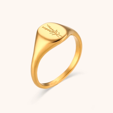 Anillo de Sello de Acero de Titanio Retro Bañado en Oro 18K Grabado Girasol Lavanda Patrón Floral para Mujer Joyería