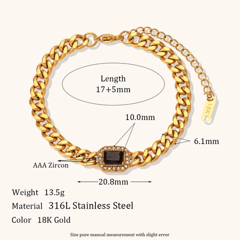 Bracciale a Maglia Cubana in Acciaio Inossidabile Placcato Oro 18K Vintage per Donna Bracciale a Catena con Strass Rettangolare Retro