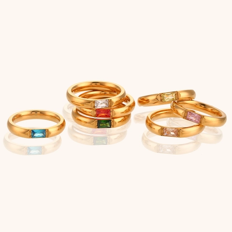 Minimalist 316L Stainless Steel Rectangular Zirconia Birthstone Ring 18K Gold Plated Geometric Inlaid Finger Ring Women Fashion Jewelry