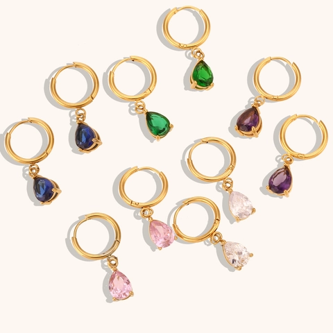 Boucles d'Oreilles Créoles en Acier Inoxydable Zircon Goutte d'Eau Plaqué Or 18K Pendentif Cristal Poire Bijoux pour Femmes