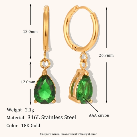 Boucles d'Oreilles Créoles en Acier Inoxydable Zircon Goutte d'Eau Plaqué Or 18K Pendentif Cristal Poire Bijoux pour Femmes