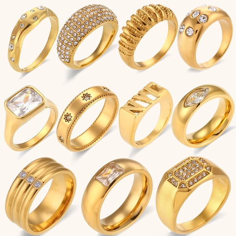 Bague Minimaliste en Acier Inoxydable Plaqué Or 18K pour Femme avec Zircone Cubique Incrustée Géométrique Bijoux de Mode