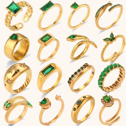 Minimalist Stainless Steel Green Zircon Ring For Women 18K Gold Plated Emerald Cut Adjustable Fashion Jewelry Finger Ring