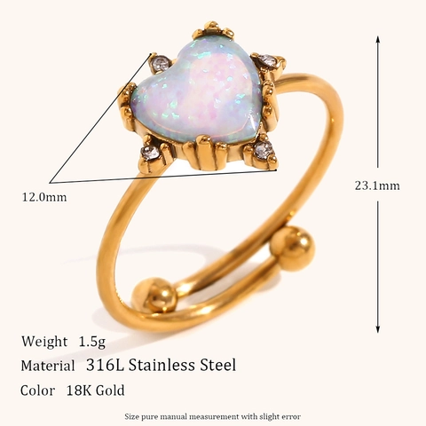 Anillo Ajustable de Acero Inoxidable 316L Chapado en Oro 18K con Ópalo Corazón Sol Joyería de Moda para Mujer