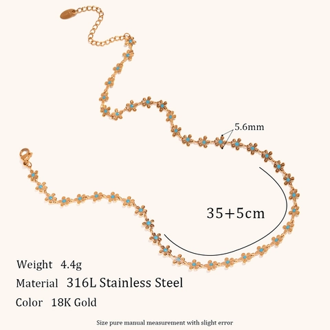 Fashion Stainless Steel Blue Enamel Flower Chain Necklace For Women Gold Plated Dainty Floral Bracelet Summer Jewelry